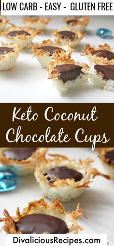 keto coconut chocolate cups with text overlay that reads low carb easy - gluten free