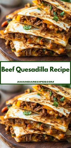 beef quesadilla recipe on a wooden platter with the title above it