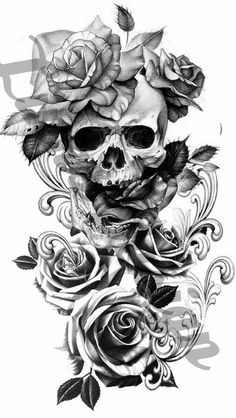 a drawing of a skull with roses on it