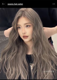 Olive Ash Hair Color, Milk Tea Gray Hair Color, Ash Blonde Hair Asian, Cool Toned Hair Color Ideas, Ashy Balayage On Black Hair, Grey Hair Kpop, Greige Hair Color, Dark Roots Hair Color Ideas, Cool Color Hair