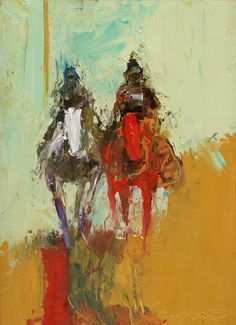 two horses that are standing next to each other on a painting with yellow and blue colors