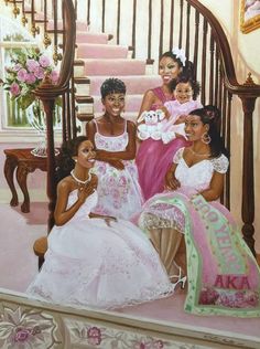 a painting of three women in dresses on the stairs with pink flowers and staircases behind them