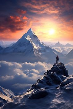 a man standing on top of a snow covered mountain under a cloudy sky at sunset