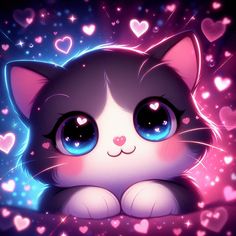 a cat with big blue eyes sitting in the middle of hearts