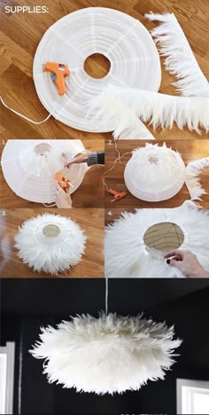 some white feathers are being used to make a diy project for someone's room