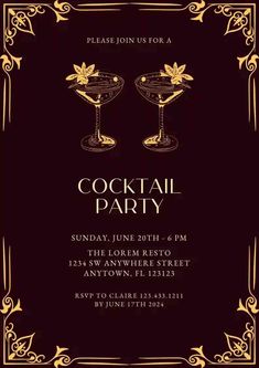 a black and gold cocktail party flyer with two glasses on it, in front of an ornate frame