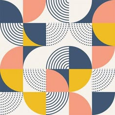 an abstract geometric pattern with circles and dots in blue, pink, yellow and white