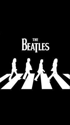 the beatles are walking across the street in white silhouettes on a black background,