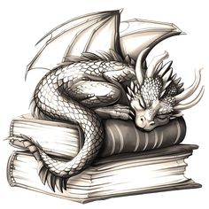 a drawing of a dragon sitting on top of a pile of books with its eyes closed