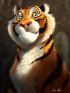 the animated tiger is smiling and looking at something