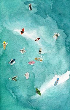 watercolor painting of birds flying in the sky and on the ocean with blue skies