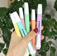 a hand holding five different colored pens in front of a plant with green leaves behind it