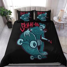 a bed with a black comforter and two pillow cases on it, one has a cartoon character riding a skateboard