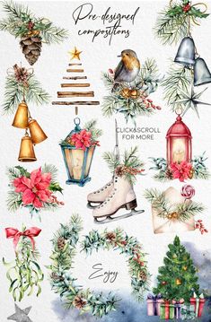 watercolor christmas clipart set with bells, ornaments and gifts for the holiday season