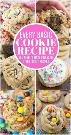 cookies with sprinkles and chocolate chips on top are featured in this collage