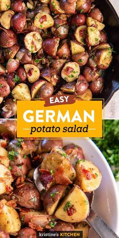 two pictures with different types of potatoes and the words easy german potato salad on top