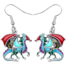 Colors Are Red, Turquoise, Purple & Teal Enameled Alloy Dragon With Floral Design. Measures 1.75” Long & 5/8” Widest Points. Nwt Boutique Item (Drawer #3) Floral Dragon, Dinosaur Earrings, Dragons Gift, Dragon Earrings, Dragon Lover, Dragon Jewelry, Nickel Free Earrings, Alloy Earrings, Fantasy Dragon