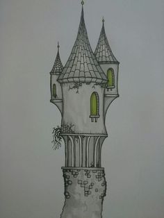 a drawing of a castle with trees growing out of it