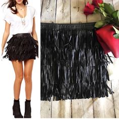 Zara Black Pig Leather 4 Layer Fringe Skirt Size L 1” Waistline Zip In The Rear Straight Cut Above Knee Length Fully Lined Waist - 30” Nwt Have The Same One Available In Brown In A Different Listing. Casual Fringe Mini Skirt For Party, Black Fringe Mini Skirt For Spring, Zara Black Mini Skirt For Party, Chic Black Fringe Mini Skirt, Zara Black Skirt For Night Out, Black Fringe Mini Skirt, Black Fringe Skirt For Spring, Black Fringe Skirt, Leather Fringe Skirt