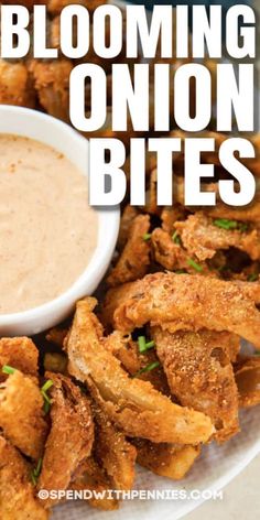 a white plate topped with fried onion bites next to a small bowl of dipping sauce