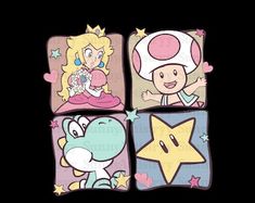 four different pictures of mario and princess peach on the same wallpaper, each with their own character