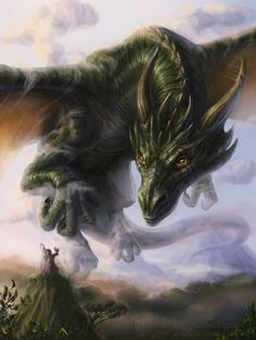 a painting of a green dragon flying through the air