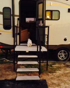 a white dog sitting on top of steps in front of a camper trailer with stairs leading up to the door