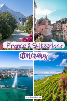 the collage shows different views of france and switzerland