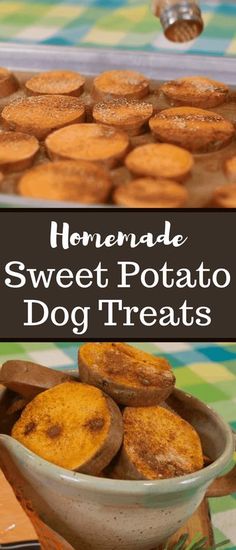 homemade sweet potato dog treats in a bowl with the title overlay reads homemade sweet potato dog treats