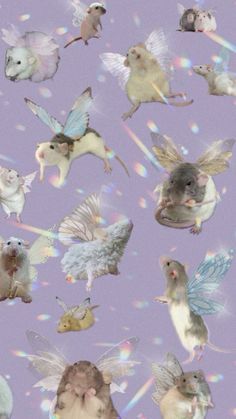 many different types of animals and mice on a purple background with holographics