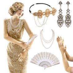 PRICES MAY VARY. 👸【1920s Flapper Accessory Set】This set of 1920 accessories includes an adjustable diamond-encrusted headband, a pair of diamond earrings, a pearl necklace, a pair of satin gloves, and a gold-gilded dancing fan, each accessory is a carefully crafted, exquisite workmanship, the overall color matching is golden tone, harmonious and elegant, such a dress combination with a dress sparkling under the lights of the ball, full of luxury, it is difficult not to become the focus of the c 1920 Fashion Women, Gatsby Accessories, Flapper Accessories, Party Champagne, Gatsby Costume, Headband Pearl, Gatsby Themed Party, Flapper Costume, Champagne Party