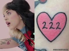 a woman with a pink heart tattoo on her arm and another photo of the same person