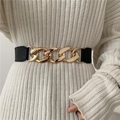 black leather waist belt with thick gold chain on top of a sweater dress Thick Gold Chain, 2022 Aesthetic, Wide Belts, Women's Belts, Boho Floral Dress, Bts Girl, Aesthetic Women, Cherry Bomb