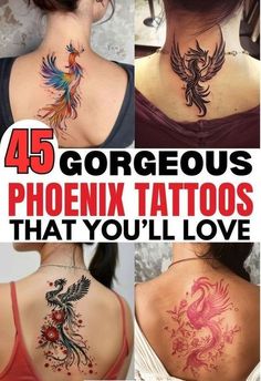 the back of a woman's neck with tattoos on it and an image of a bird