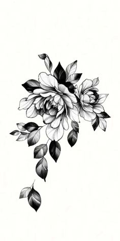 a black and white drawing of flowers with leaves