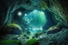 an underwater cave with green algae and rocks