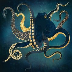 an octopus with gold and black tentacles on a blue background