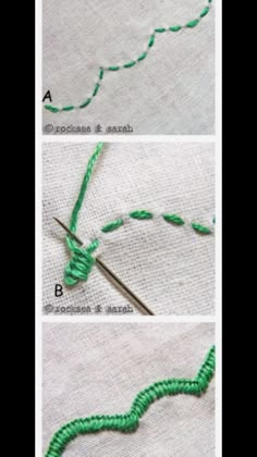 three pictures showing how to make a handmade pillow with green thread and stitching