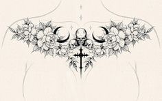 the back of a woman's torso with flowers and skulls on it, as well as a cross