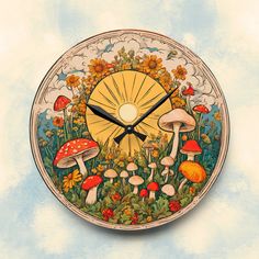 a clock with mushrooms and sunflowers on it's face in the sky