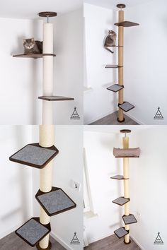 the cat tree is made from scratchsticks and has multiple levels to climb on