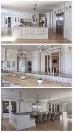 three different views of a kitchen with white cabinets and chandelier hanging from the ceiling