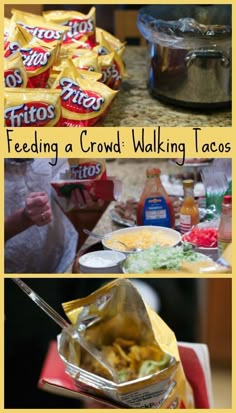 the process of making a crowd - walking taco is shown in three different pictures