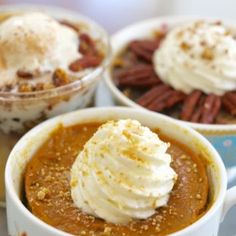 three bowls filled with different types of desserts