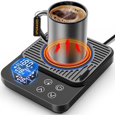 a coffee cup on top of a digital scale with an arrow pointing to the ground