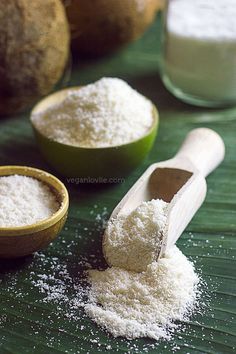 coconuts and sugar in bowls on a table