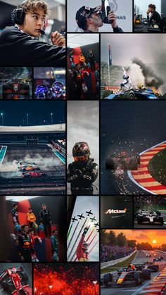 the collage shows many different shots of people in racing cars and onlookers