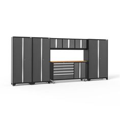 a black and gray cabinet with two drawers, one door open and the other closed