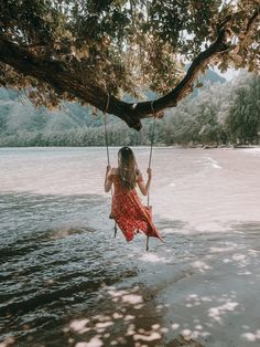 a woman in a red dress is swinging on a tree swing by the water's edge