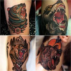 four different tattoos on the legs of men with bears and fish in their mouths